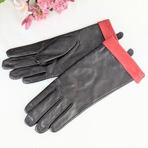 Vintage 1990s Women's Black Leather Gloves with Red Fold-over Cuff Size Small